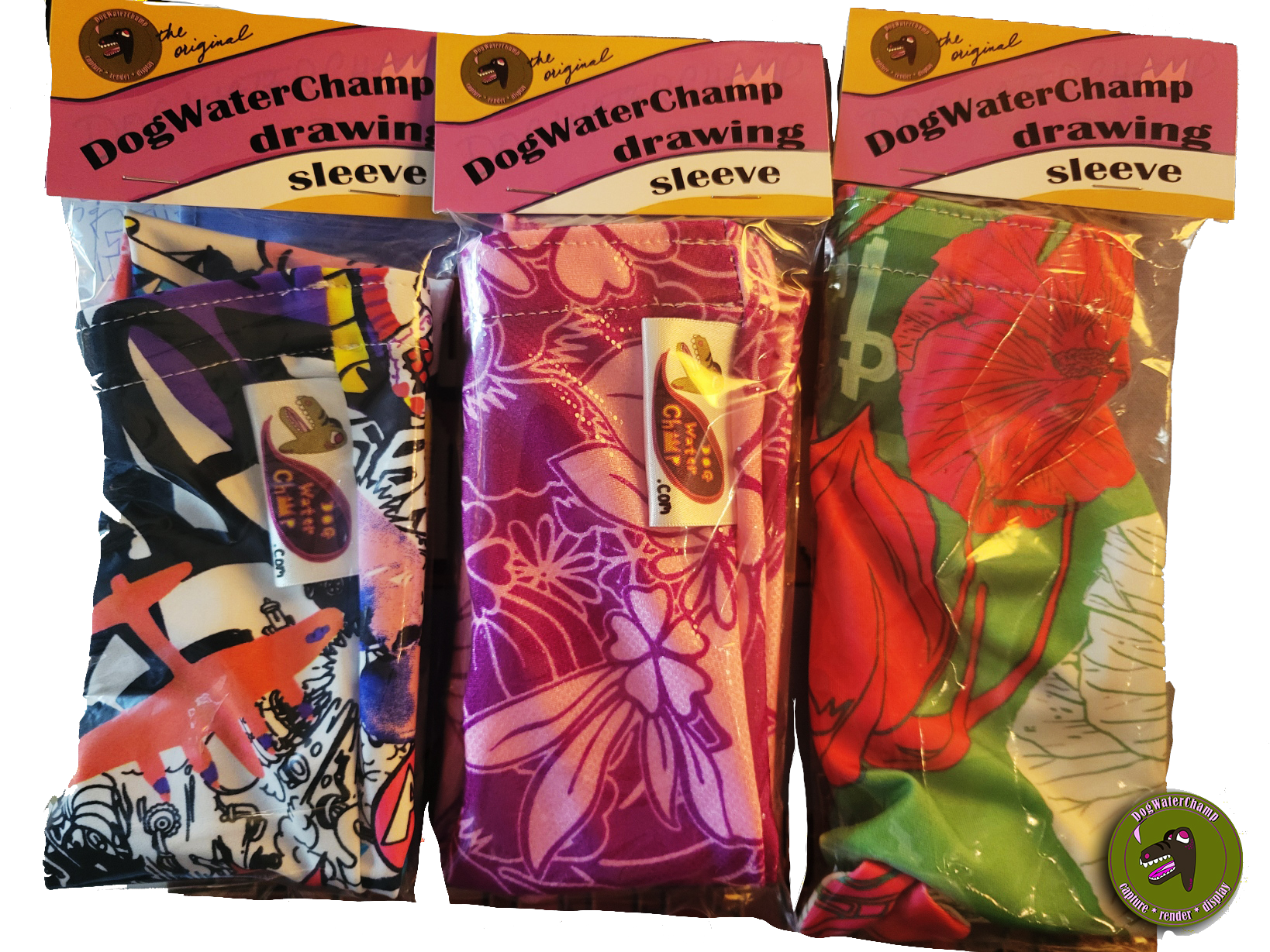 Comic, Magenta, and Green Drawing Sleeves in their packaging