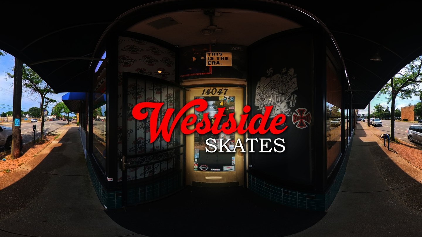 Westside Skates entrance with the shop name across the storefront